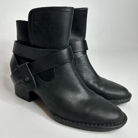 UGG Leather Ankle Boots 6.5 Black Moto Buckle Zip Booties Minimalist Harness - Picture 1 of 16